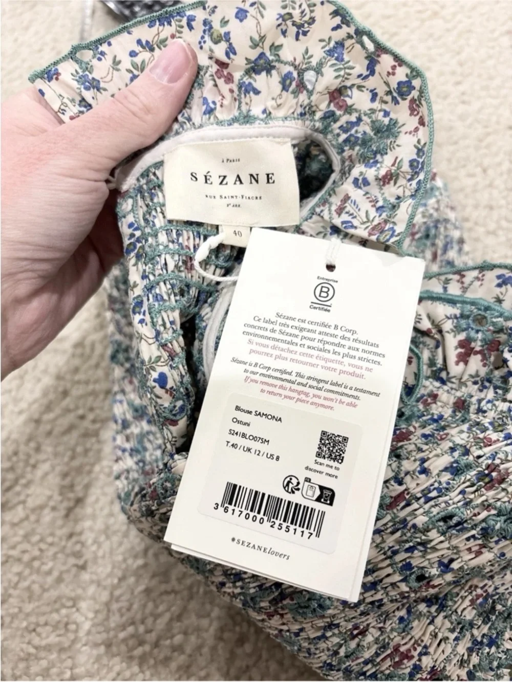 Sezane NEW Samona Blouse Smocked Ruffle Sleeveless Ostuni Floral Cottagecore 8 - Picture 6 of 7
